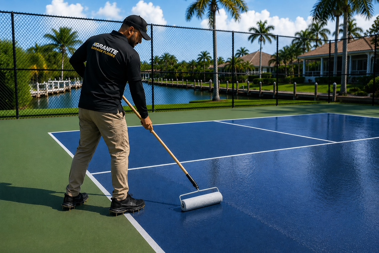 Blue recreational concrete surface coating project during installation