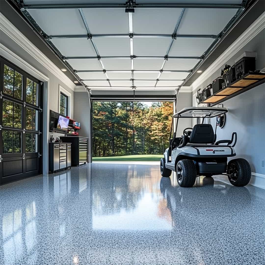 Finished light-colored garage floor with a golf cart and open garage door