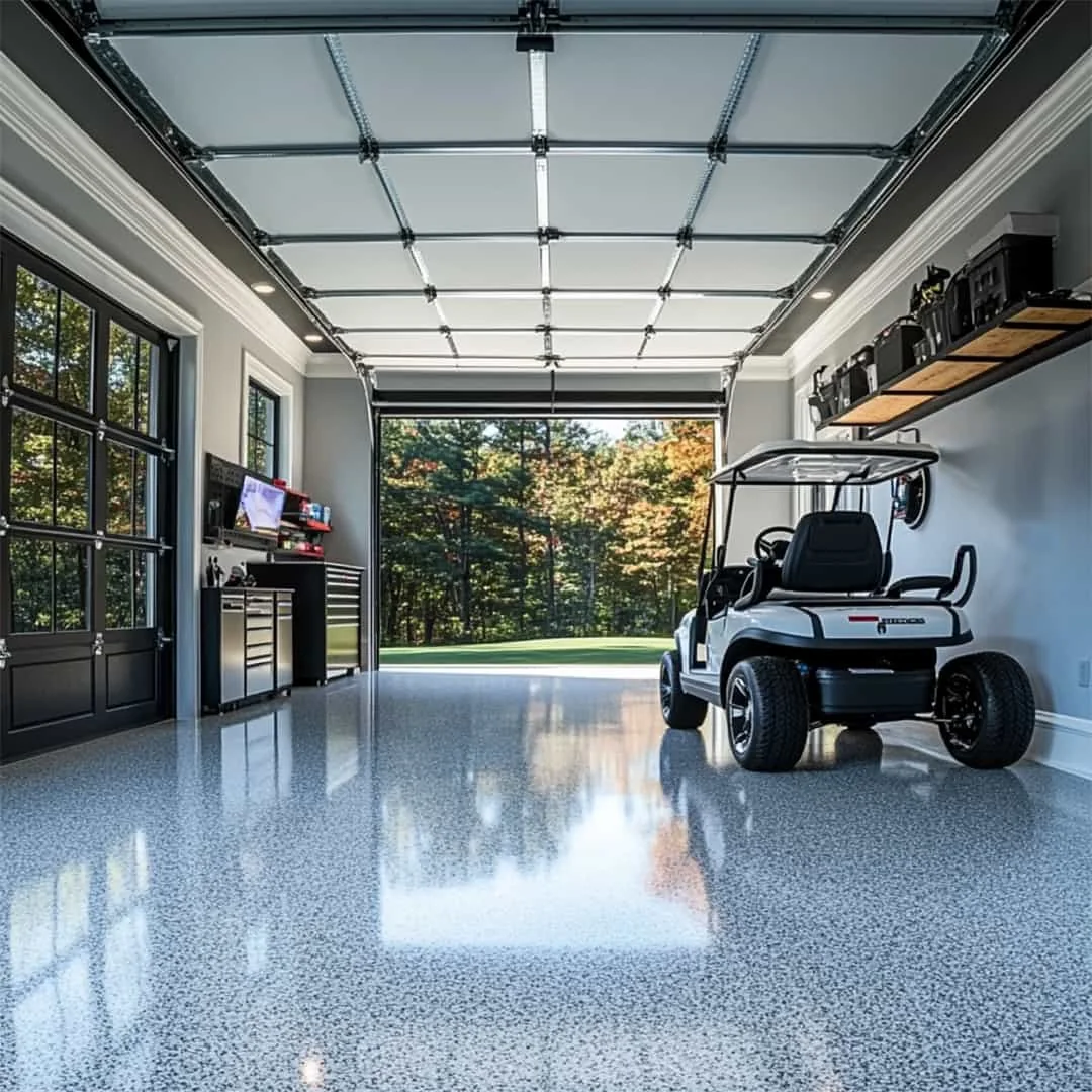 Finished light-colored garage floor with a golf cart and open garage door